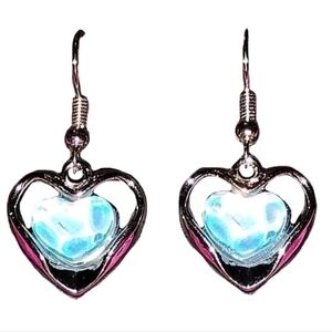 Synthetic Opal Gemstone Inside Silver Heart Drop Dangle Silver Plated Earrings